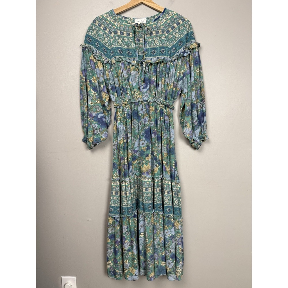 Aura Check Yes Turquoise Floral Maxi Dress‎ Tiered Puff Sleeve Boho Cottagecore